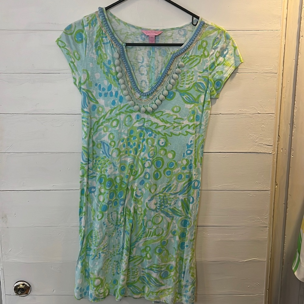 Lilly Pulitzer Pom Pom Harper Green Blue Linen Blend